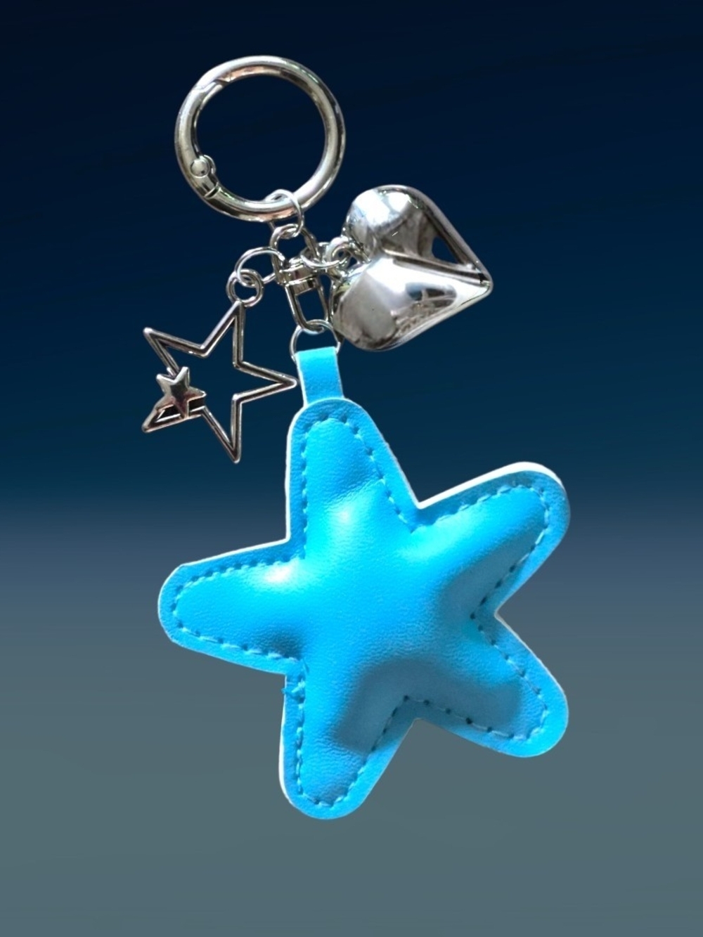 Blue Leather Star Bag Charm / Keychain with Heart & Star Charms